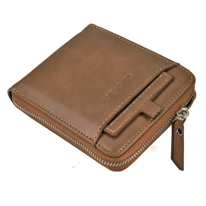 DEABOLAR Men Short Wallet RFID Blocking Vintage PU Leather Zipper Card Bag - Brown - 1