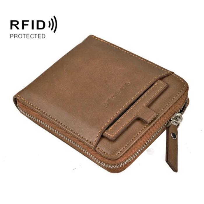DEABOLAR Men Short Wallet RFID Blocking Vintage PU Leather Zipper Card Bag - Brown - 2
