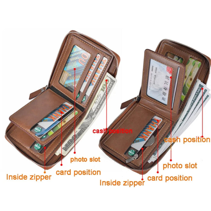 DEABOLAR Men Short Wallet RFID Blocking Vintage PU Leather Zipper Card Bag - Brown - 3
