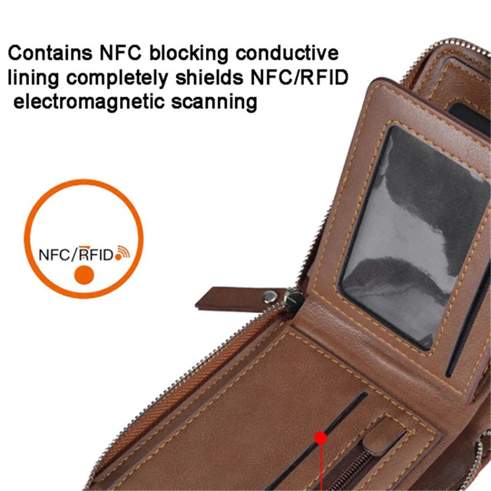 DEABOLAR Men Short Wallet RFID Blocking Vintage PU Leather Zipper Card Bag - Brown - 4