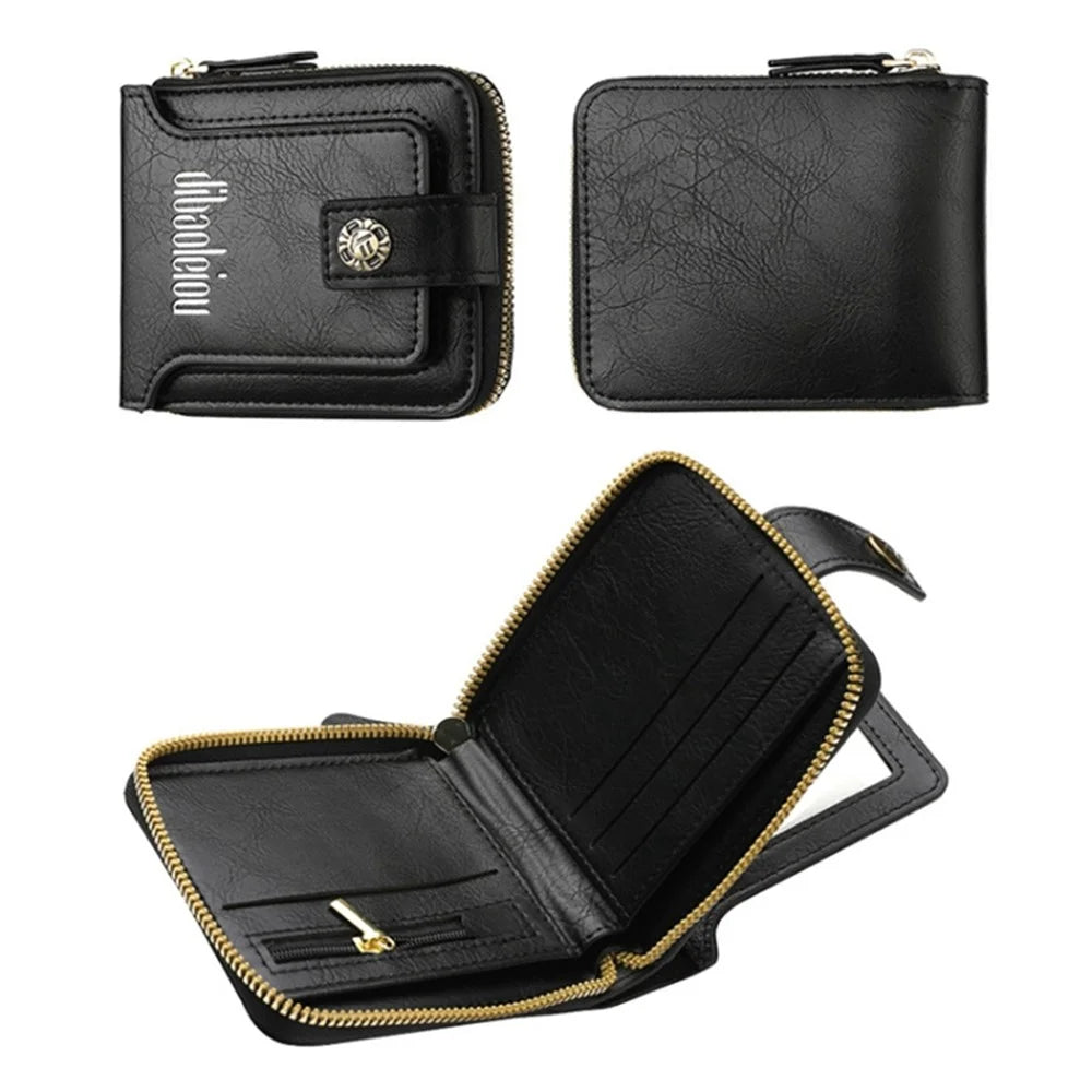 DEABOLAR Retro PU Leather Men Short Wallet Zipper Cards Cash Coins Holder Bag - Black - 2