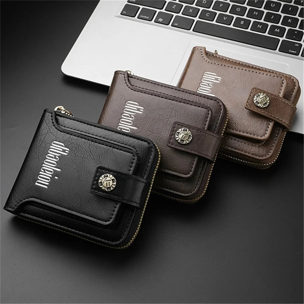 DEABOLAR Retro PU Leather Men Short Wallet Zipper Cards Cash Coins Holder Bag - Black - 5