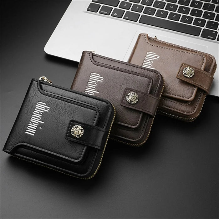 DEABOLAR Retro PU Leather Men Short Wallet Zipper Cards Cash Coins Holder Bag - Black - 5