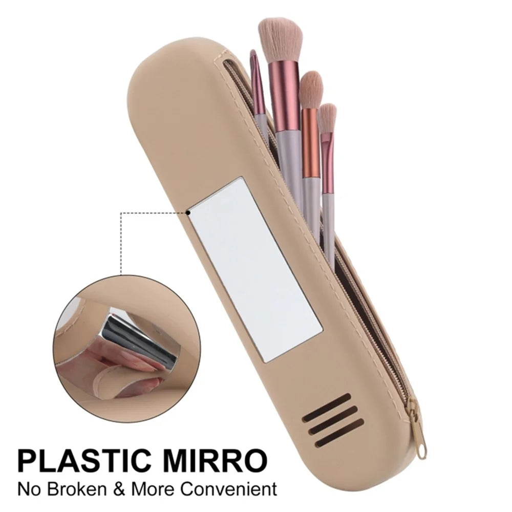 Mirror Design Travel Makeup Brush Holder Portable Silicone Cosmetic Bag (with Lanyard) - Khaki - 2