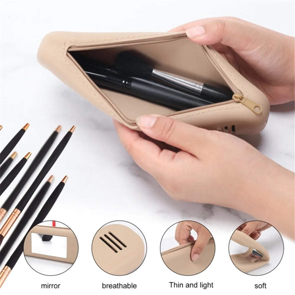 Mirror Design Travel Makeup Brush Holder Portable Silicone Cosmetic Bag (with Lanyard) - Khaki - 3