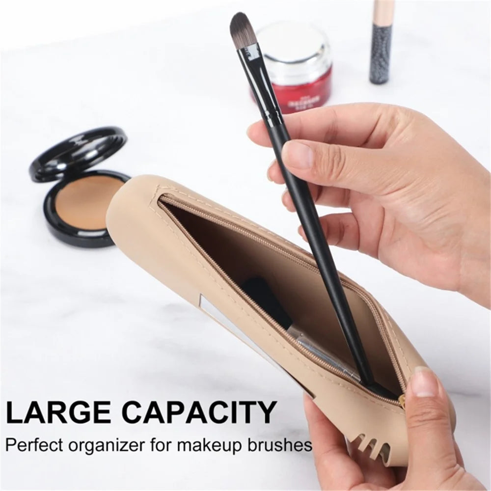 Mirror Design Travel Makeup Brush Holder Portable Silicone Cosmetic Bag (with Lanyard) - Khaki - 5
