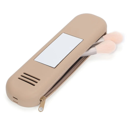 Travel Makeup Brush Holder Mirror Design Portable Silicone Cosmetic Bag Zipper Case (without Lanyard) - Khaki - 1