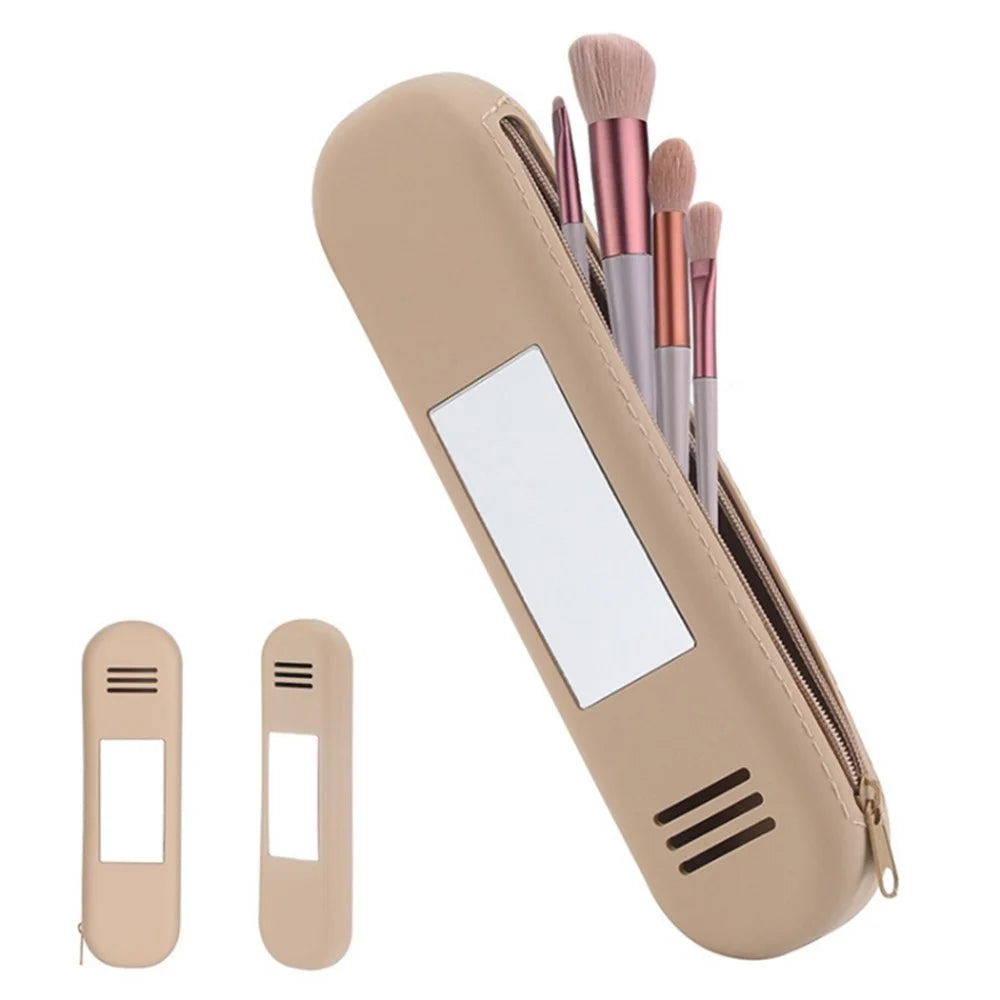 Travel Makeup Brush Holder Mirror Design Portable Silicone Cosmetic Bag Zipper Case (without Lanyard) - Khaki - 2