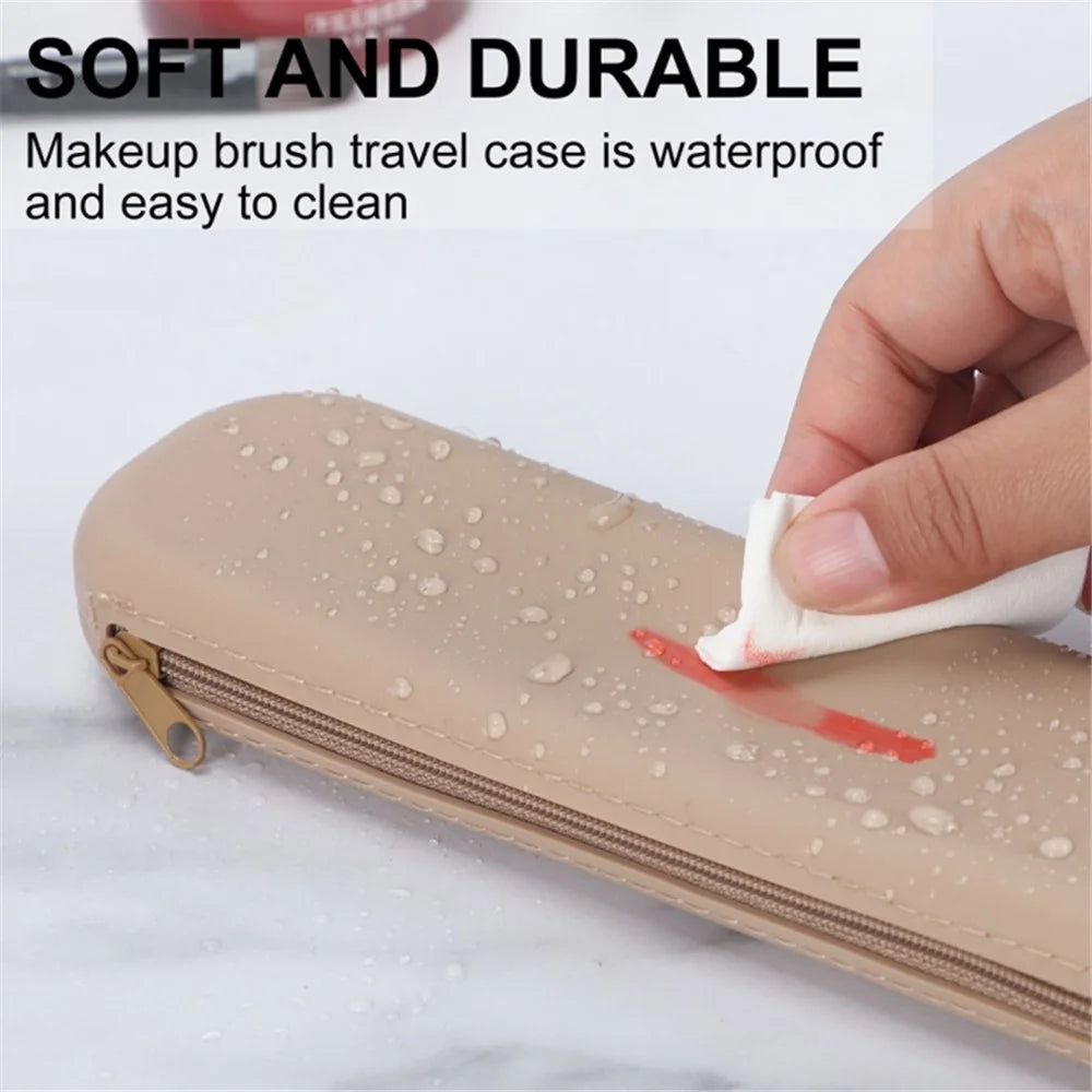 Travel Makeup Brush Holder Mirror Design Portable Silicone Cosmetic Bag Zipper Case (without Lanyard) - Khaki - 4