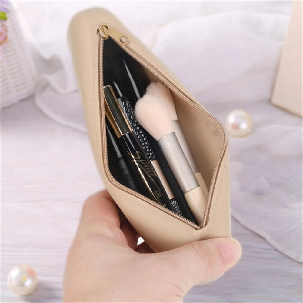 Travel Makeup Brush Holder Mirror Design Portable Silicone Cosmetic Bag Zipper Case (without Lanyard) - Khaki - 6