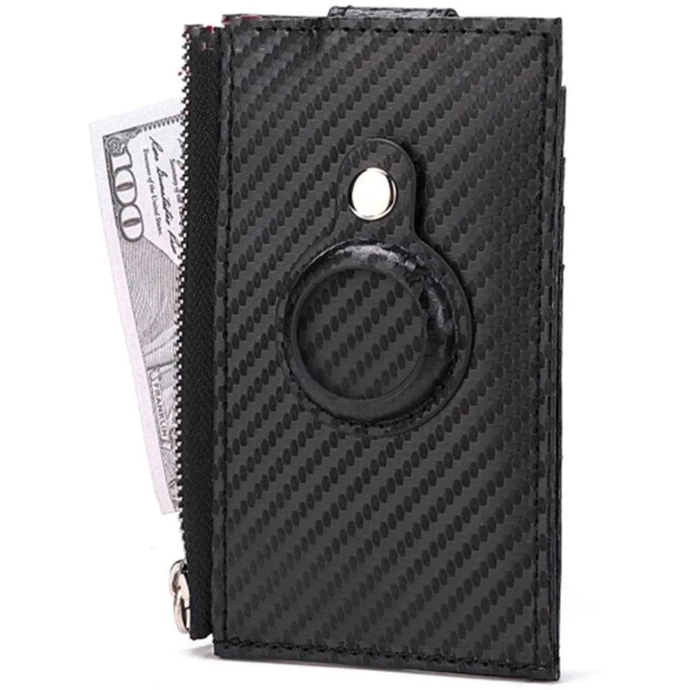 DEABOLAR Carbon Fiber Card Holder Folding Zippered Wallet Bag with Tracker Slot for Apple AirTag - Black - 1