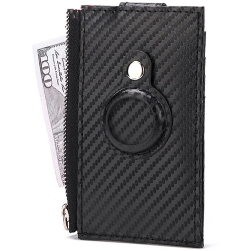 DEABOLAR Carbon Fiber Card Holder Folding Zippered Wallet Bag with Tracker Slot for Apple AirTag - Black - 1
