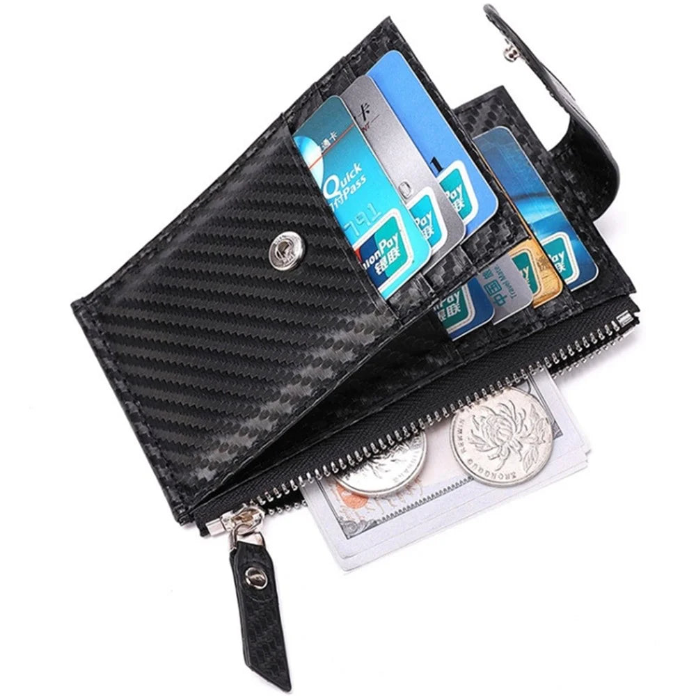 DEABOLAR Carbon Fiber Card Holder Folding Zippered Wallet Bag with Tracker Slot for Apple AirTag - Black - 2
