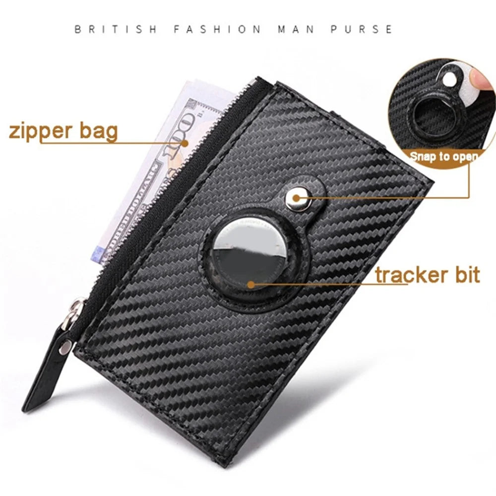 DEABOLAR Carbon Fiber Card Holder Folding Zippered Wallet Bag with Tracker Slot for Apple AirTag - Black - 3