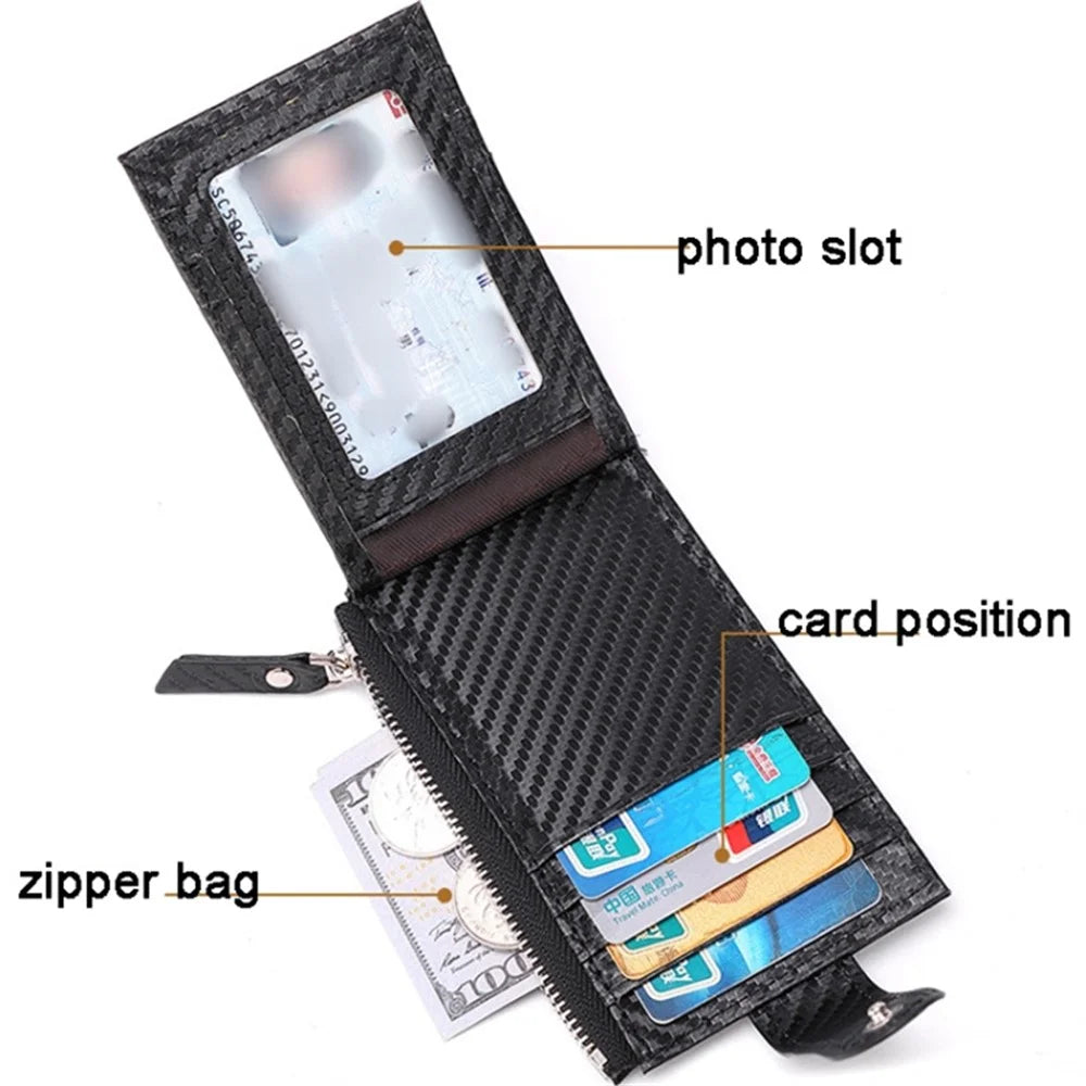 DEABOLAR Carbon Fiber Card Holder Folding Zippered Wallet Bag with Tracker Slot for Apple AirTag - Black - 4