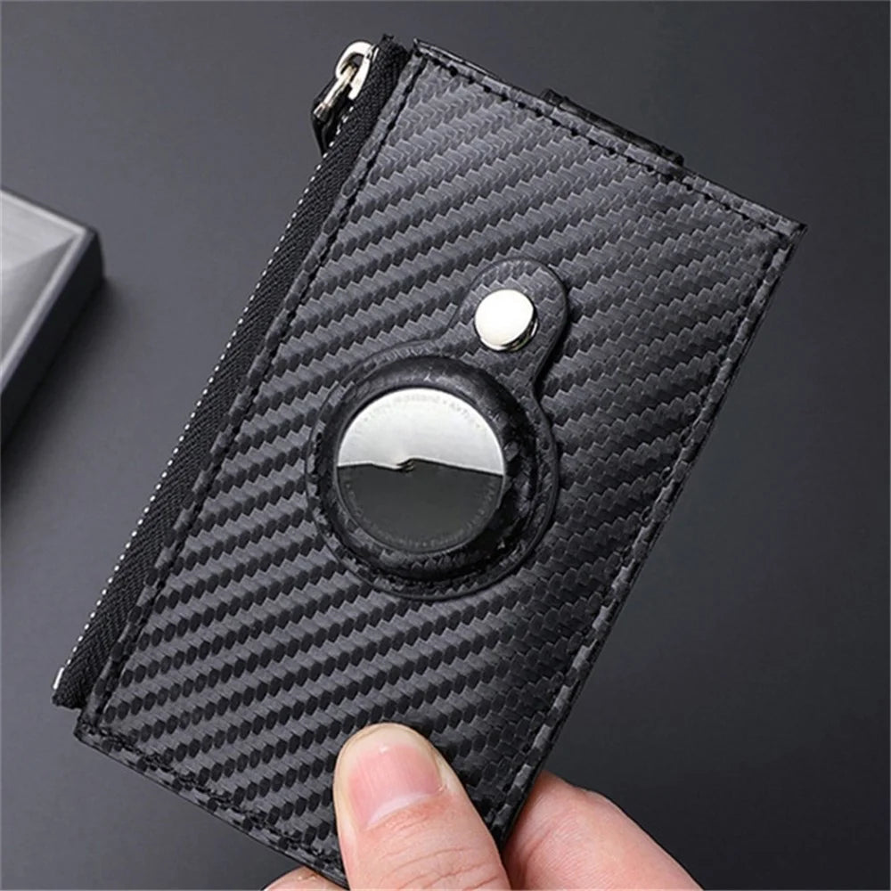 DEABOLAR Carbon Fiber Card Holder Folding Zippered Wallet Bag with Tracker Slot for Apple AirTag - Black - 5