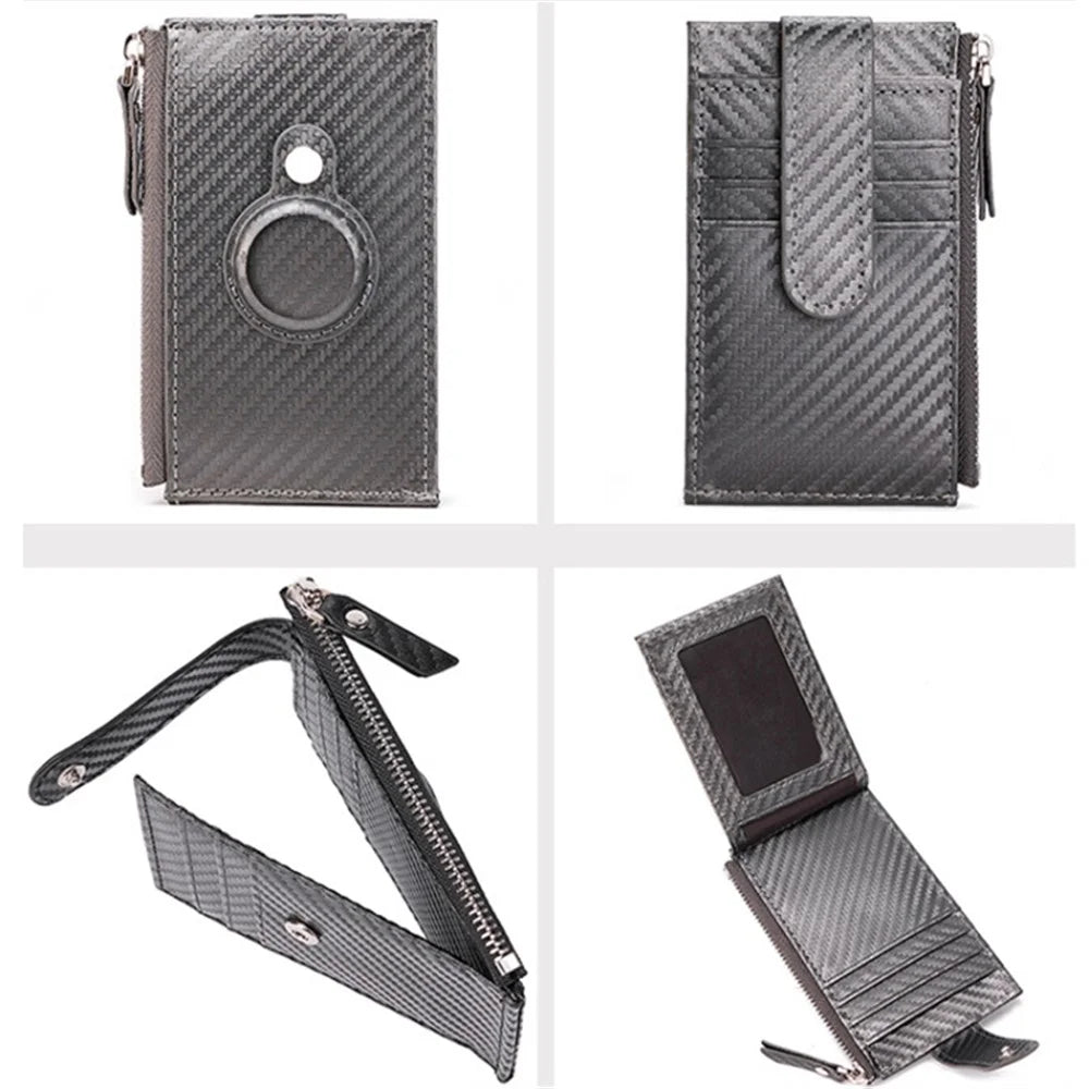DEABOLAR Carbon Fiber Card Holder Folding Zippered Wallet Bag with Tracker Slot for Apple AirTag - Black - 6