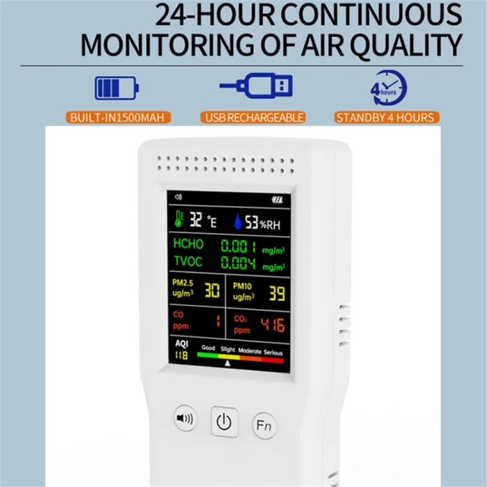 Air Quality Monitor 9-in-1 Formaldehyde Detector Temperature Humidity CO2 Meter Sensor Detect PM2.5 / PM10 - White - 2