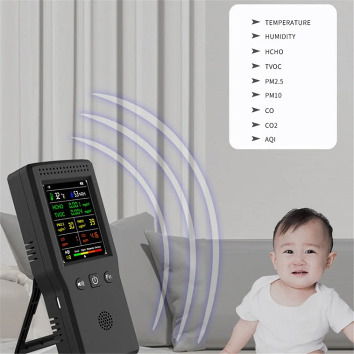 Air Quality Monitor 9-in-1 Formaldehyde Detector Temperature Humidity CO2 Meter Sensor Detect PM2.5 / PM10 - White - 4