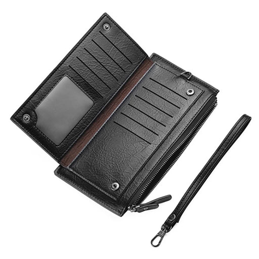 DEABOLAR Men Clutch Bag Zipper Pocket Cards Coins Holder PU Leather Wallet Long Purse - Black - 2