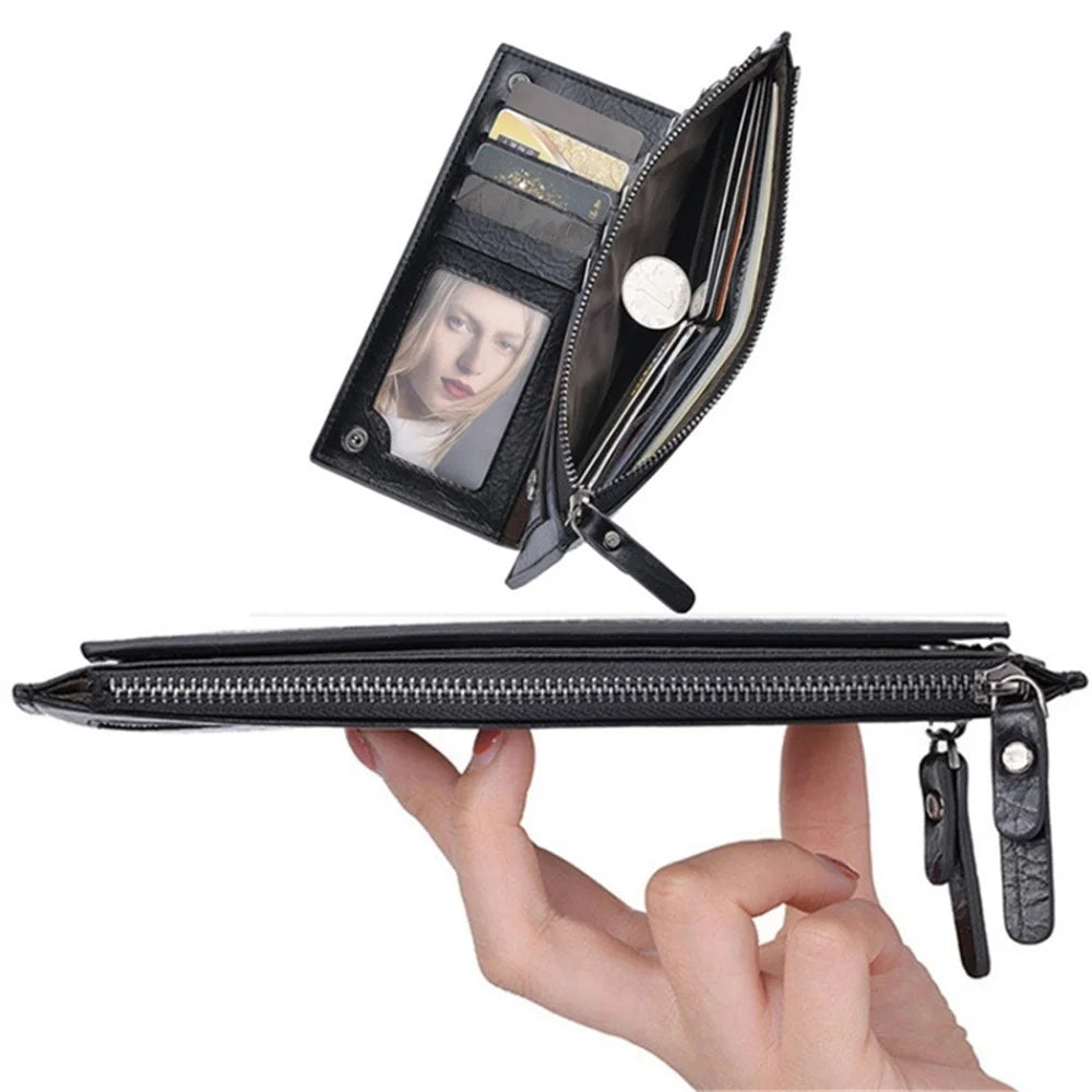 DEABOLAR Men Clutch Bag Zipper Pocket Cards Coins Holder PU Leather Wallet Long Purse - Black - 3