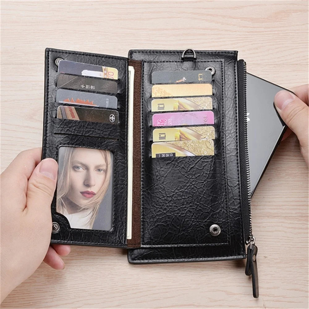 DEABOLAR Men Clutch Bag Zipper Pocket Cards Coins Holder PU Leather Wallet Long Purse - Black - 4