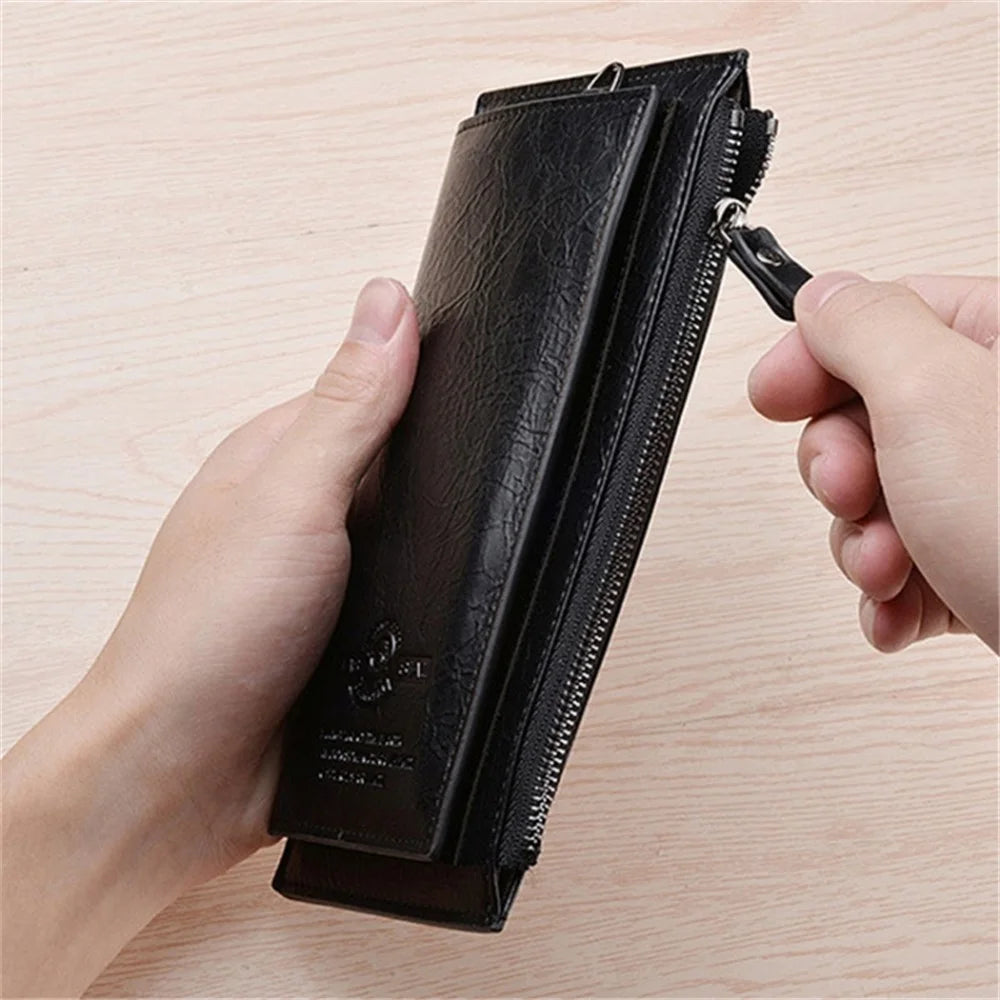 DEABOLAR Men Clutch Bag Zipper Pocket Cards Coins Holder PU Leather Wallet Long Purse - Black - 5