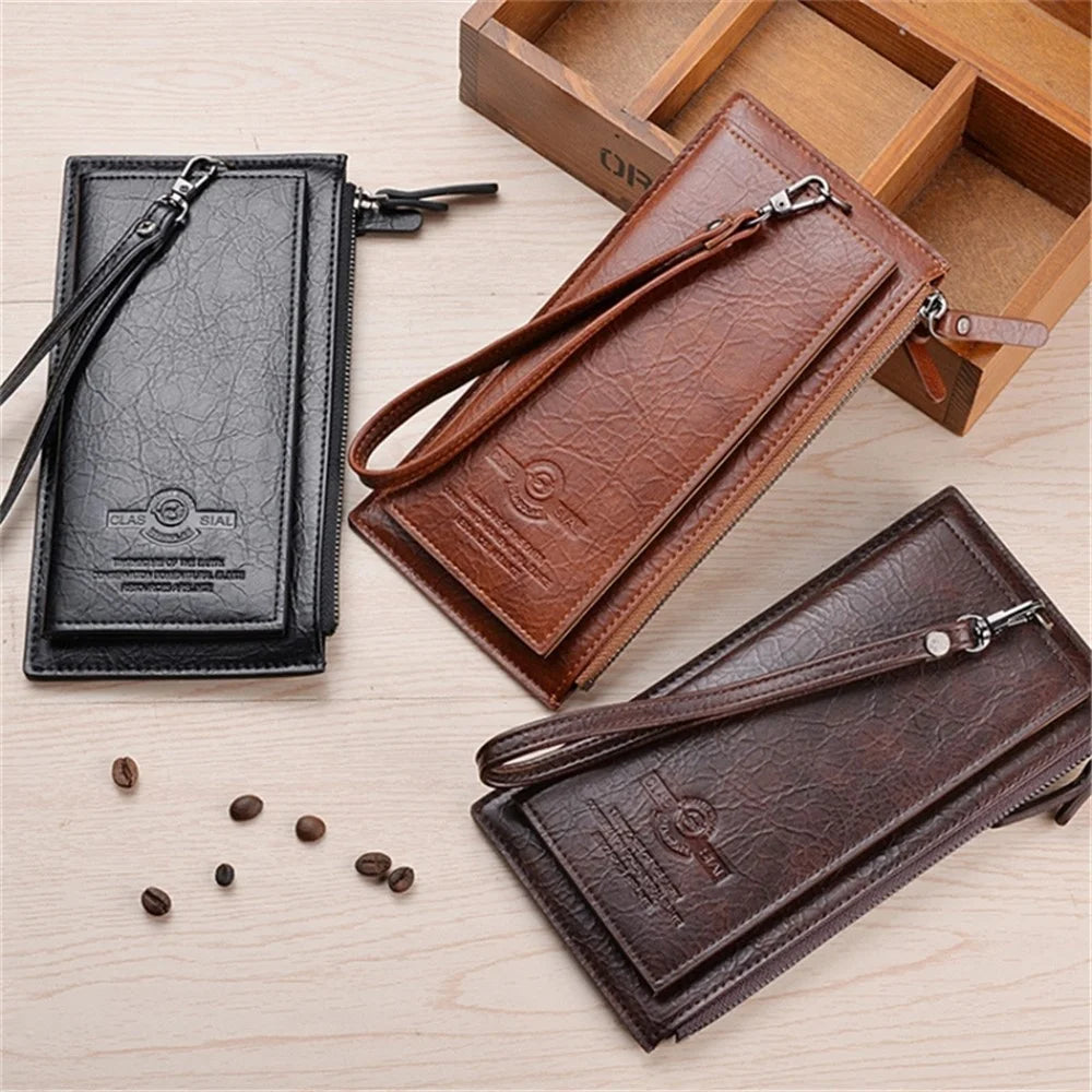 DEABOLAR Men Clutch Bag Zipper Pocket Cards Coins Holder PU Leather Wallet Long Purse - Black - 6