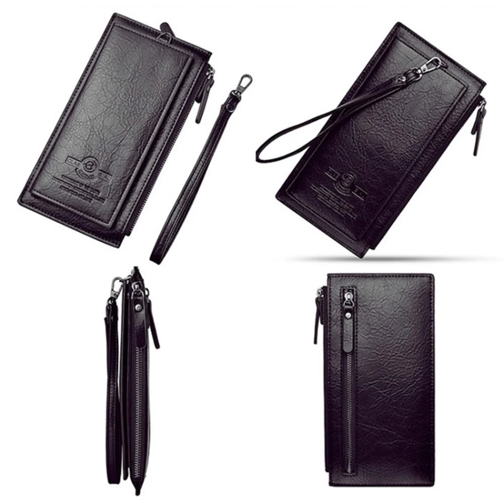 DEABOLAR Men Clutch Bag Zipper Pocket Cards Coins Holder PU Leather Wallet Long Purse - Black - 7