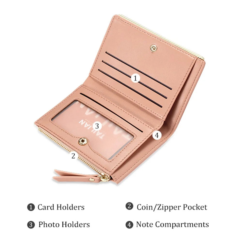TAILIAN T2602-121 Women PU Leather Zipper Pocket Short Wallet Cards Cash Holder Purse - Pink - 2