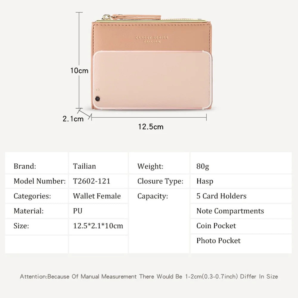 TAILIAN T2602-121 Women PU Leather Zipper Pocket Short Wallet Cards Cash Holder Purse - Pink - 5