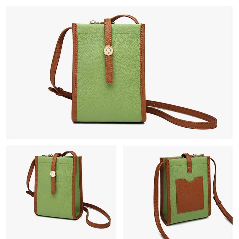 CKZC2243 Retro Women Crossbody Bag Top-Layer Cowhide Leather Phone Purse Zipper Shoulder Bag - Green - 2