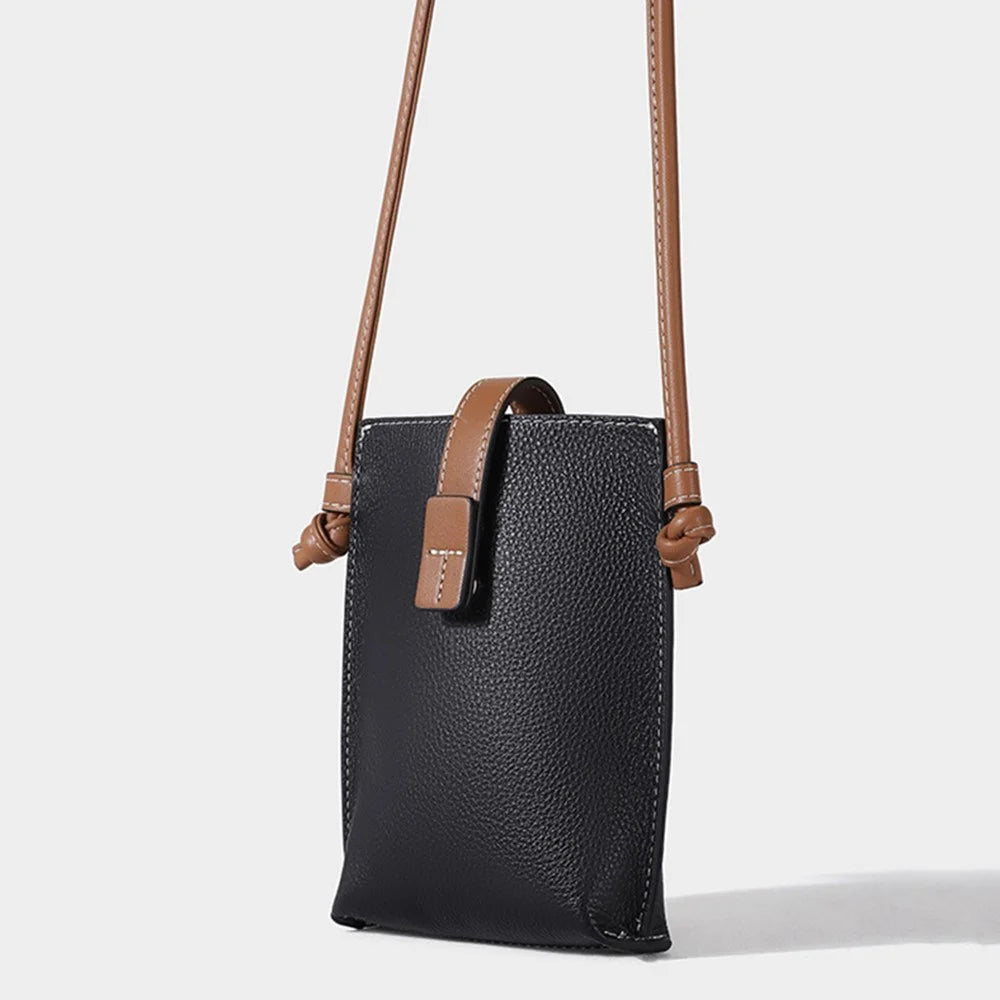 CKZC2203 Crossbody Phone Bag Pouch Top Layer Cowhide Leather Casual Women Sling Shoulder Bag - Black - 3