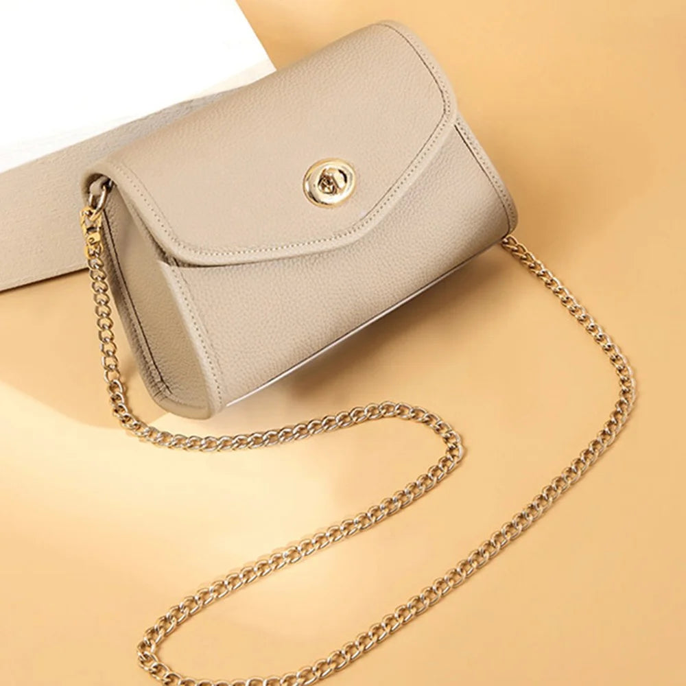 CKZC2232 Top Layer Cowhide Leather Crossbody Bag Women Fashion Phone Bag with Chain Shoulder Strap - Grey - 2