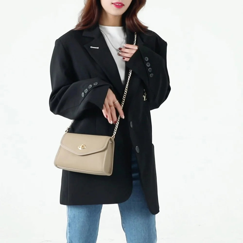 CKZC2232 Top Layer Cowhide Leather Crossbody Bag Women Fashion Phone Bag with Chain Shoulder Strap - Grey - 6