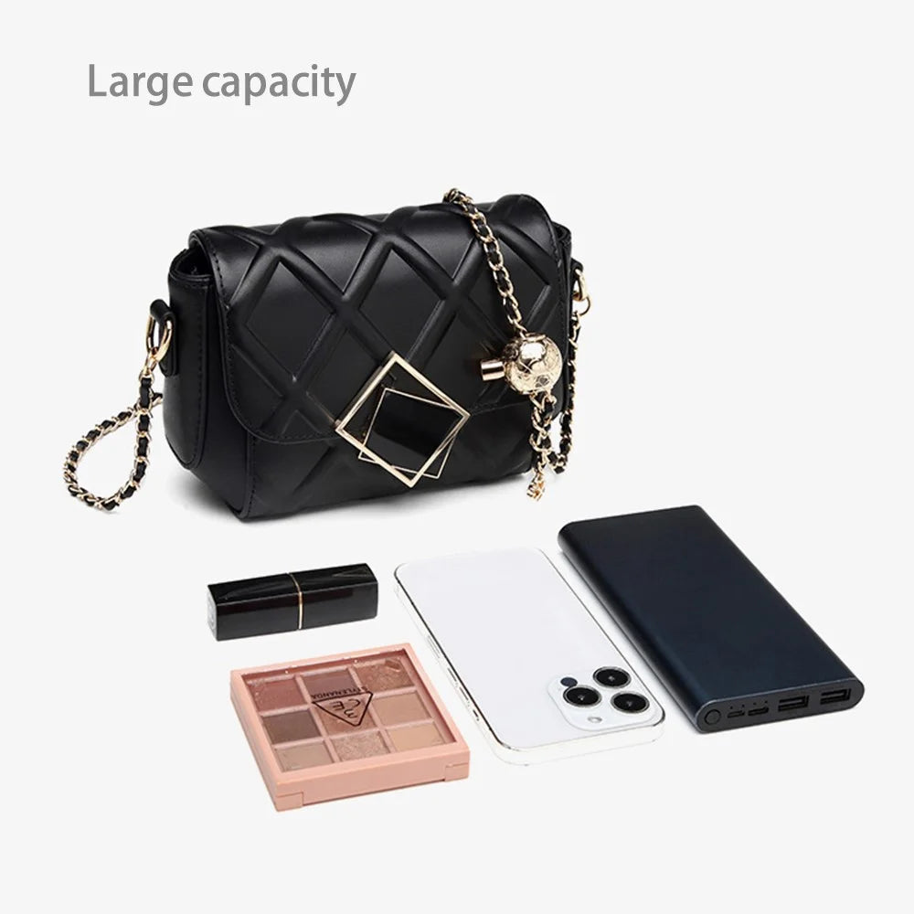 CKZC2236 Rhombus Crossbody Bag Top Layer Cowhide Leather Women Shoulder Bag with Chain Strap - Black - 2