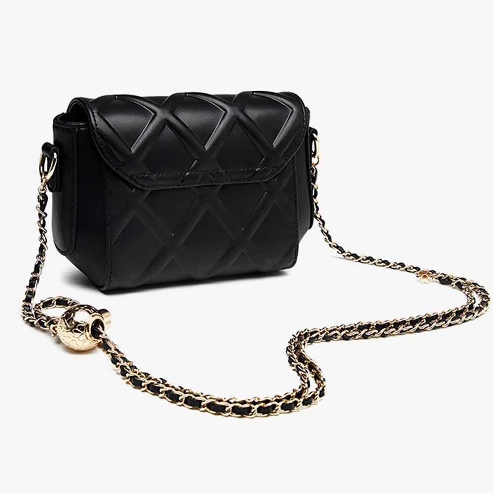 CKZC2236 Rhombus Crossbody Bag Top Layer Cowhide Leather Women Shoulder Bag with Chain Strap - Black - 4