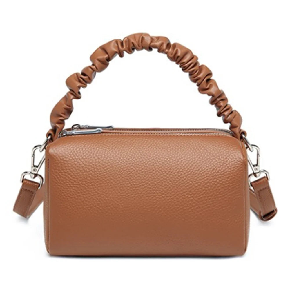 CK2226 Dual Zipper Women Handbag Top Layer Cowhide Leather Casual Crossbody Shoulder Bag - Caramel - 1