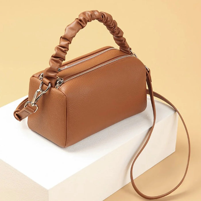 CK2226 Dual Zipper Women Handbag Top Layer Cowhide Leather Casual Crossbody Shoulder Bag - Caramel - 2
