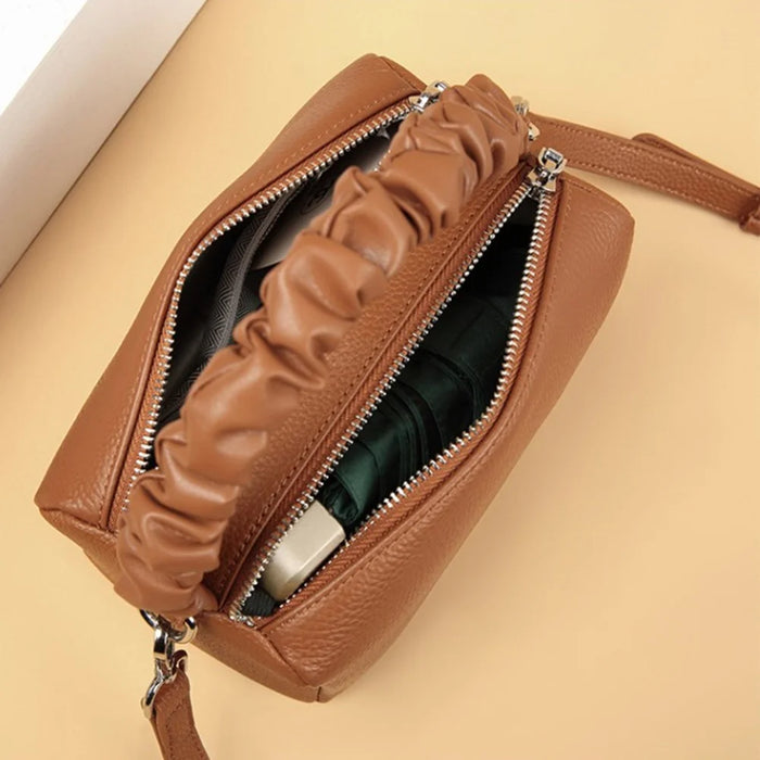 CK2226 Dual Zipper Women Handbag Top Layer Cowhide Leather Casual Crossbody Shoulder Bag - Caramel - 3