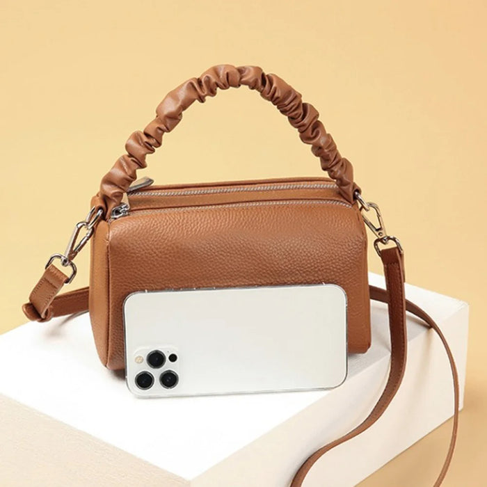 CK2226 Dual Zipper Women Handbag Top Layer Cowhide Leather Casual Crossbody Shoulder Bag - Caramel - 4