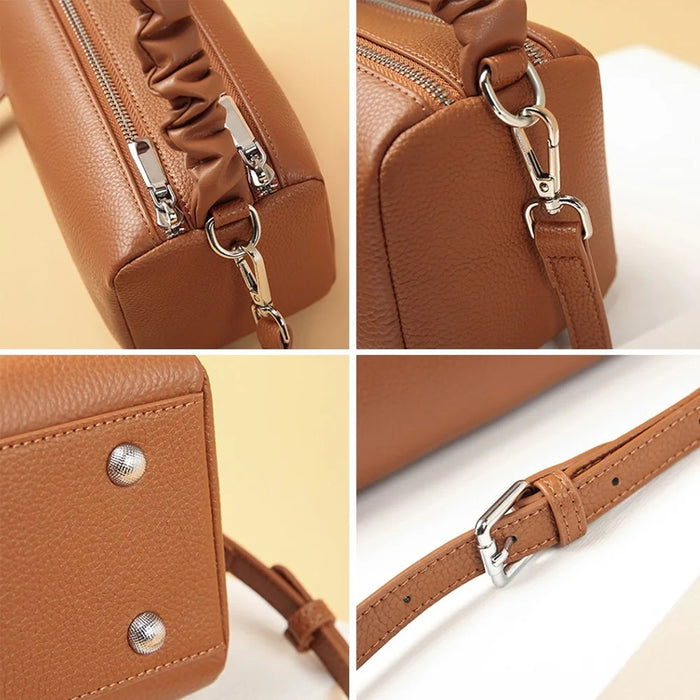 CK2226 Dual Zipper Women Handbag Top Layer Cowhide Leather Casual Crossbody Shoulder Bag - Caramel - 5