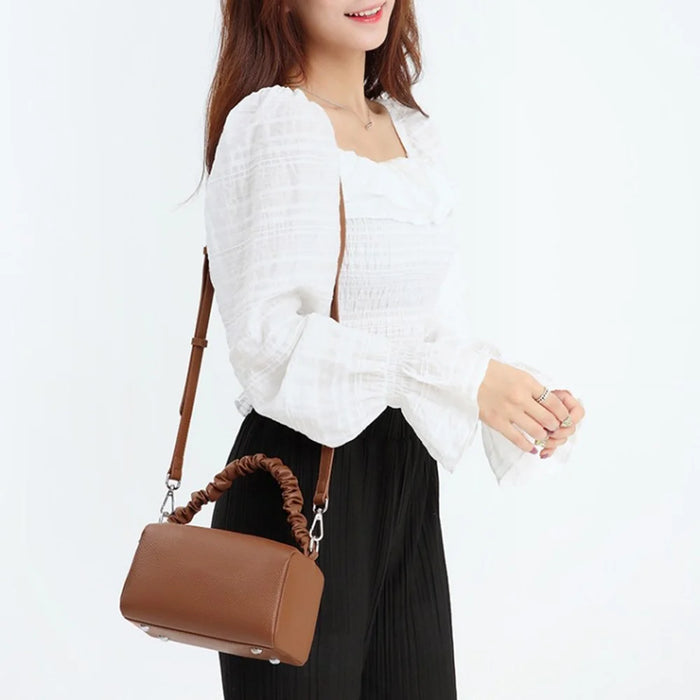 CK2226 Dual Zipper Women Handbag Top Layer Cowhide Leather Casual Crossbody Shoulder Bag - Caramel - 6