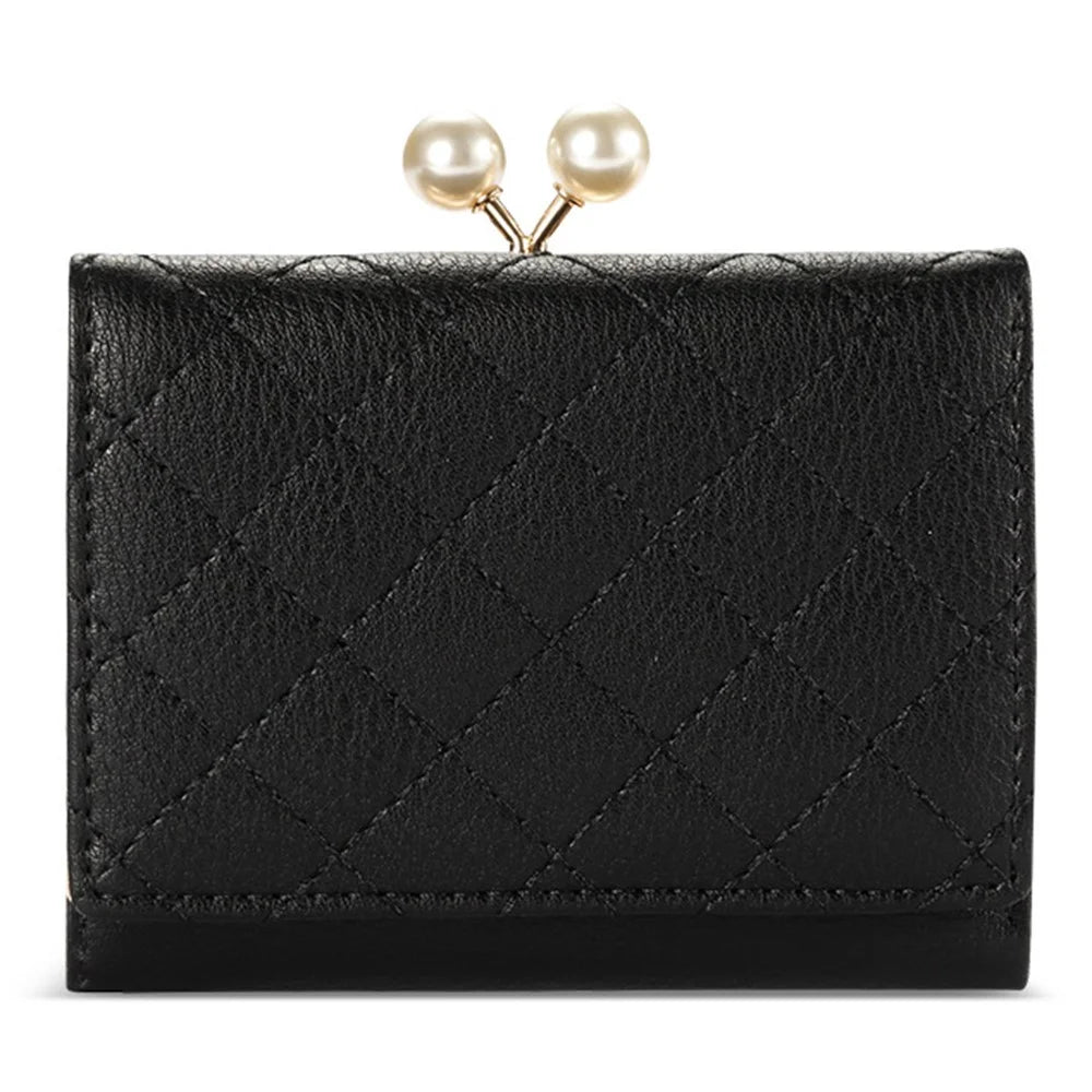 TAILIAN T7368-134 Pearl Clip Wallet PU Leather Card Storage Holder Stitching Rhombus Coin Pouch Bag - Black - 1