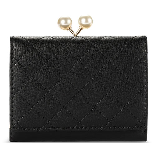 TAILIAN T7368-134 Pearl Clip Wallet PU Leather Card Storage Holder Stitching Rhombus Coin Pouch Bag - Black - 1