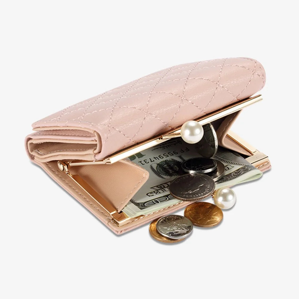 TAILIAN T7368-134 Pearl Clip Wallet PU Leather Card Storage Holder Stitching Rhombus Coin Pouch Bag - Black - 3