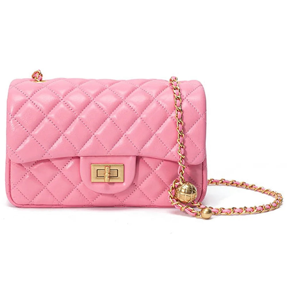 JY2468 Rhombus Quilted Shoulder Bag for Women Top Layer Cowhide Leather Crossbody Bag with Chain Strap - Rose Pink - 1