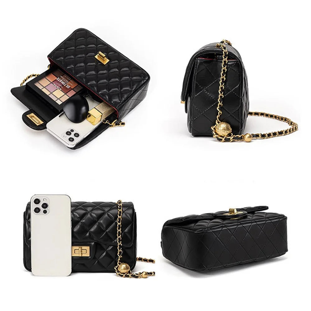 JY2468 Rhombus Quilted Shoulder Bag for Women Top Layer Cowhide Leather Crossbody Bag with Chain Strap - Rose Pink - 3