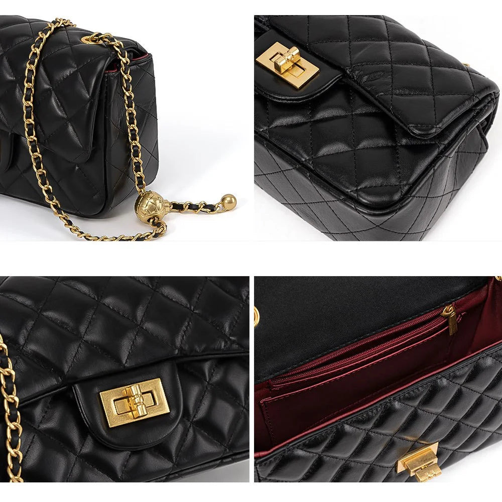 JY2468 Rhombus Quilted Shoulder Bag for Women Top Layer Cowhide Leather Crossbody Bag with Chain Strap - Rose Pink - 4