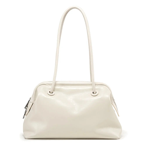 9665 Women Tote Underarm Bag Cowhide Leather Large Capacity Zipper Travel Handbag - White - 1